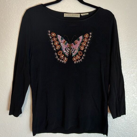 Lucia Burns Tops - Vintage retro Y2K Lucia Burns Black knitTop with embellished boho Butterfly